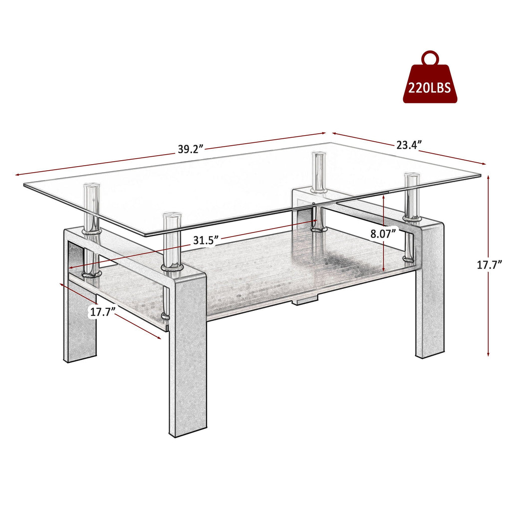 Modern Rectangular Coffee Table with Tempered Glass Top - White or Dark Brown