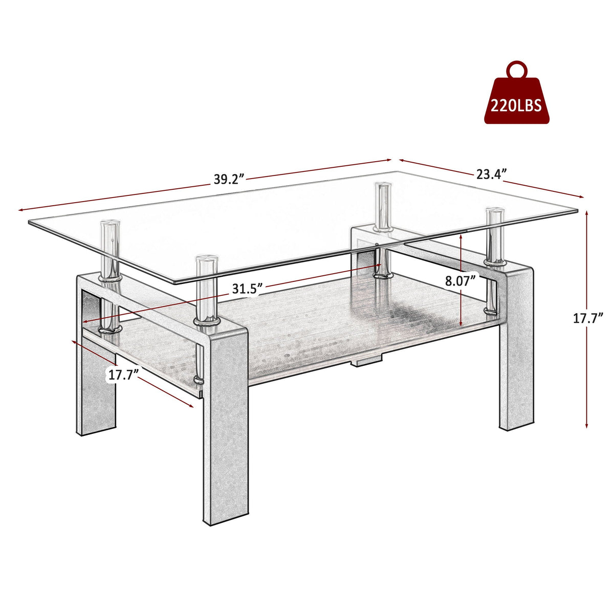 Modern Rectangular Coffee Table with Tempered Glass Top - White or Dark Brown