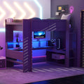 Wood Full Size Gaming Loft Bed with Desk, Multi-storage Shelves, LED and Charging Station