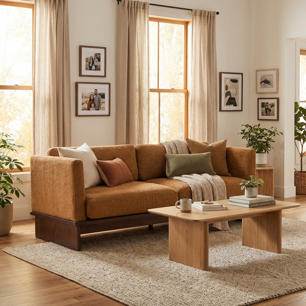 77 in. Boucle Sofa with Solid Wood Base - Modern 3 Seater, Camel
