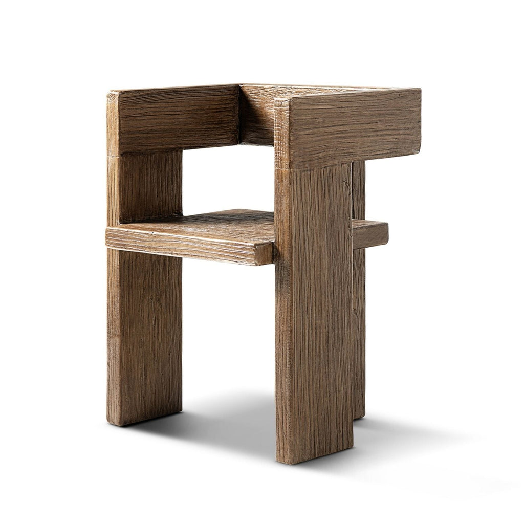 Sculptural Block Accent Chair with Reclaimed Elm Construction - Brown