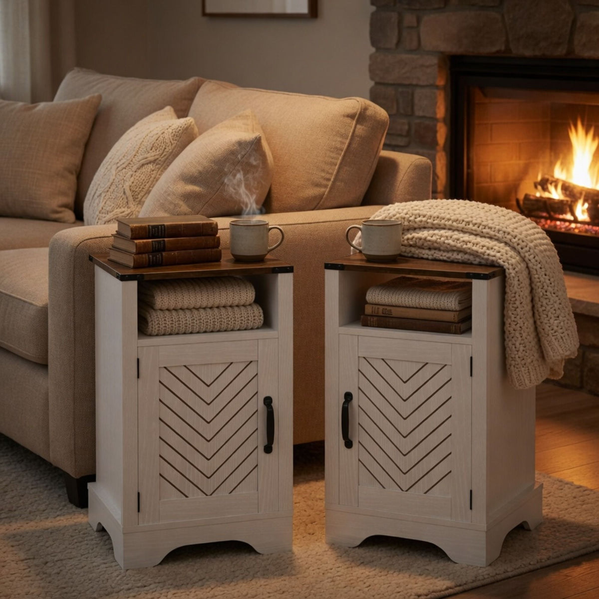 Farmhouse Nightstand with Charging Station & Storage - White