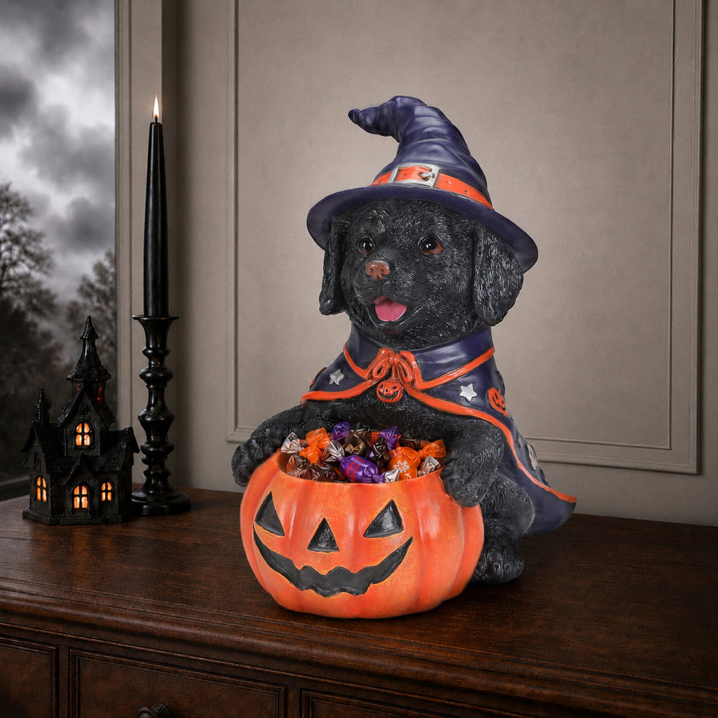 Halloween Labrador Puppy Statue with Candy Bowl - Orange-Red, Purple+Black