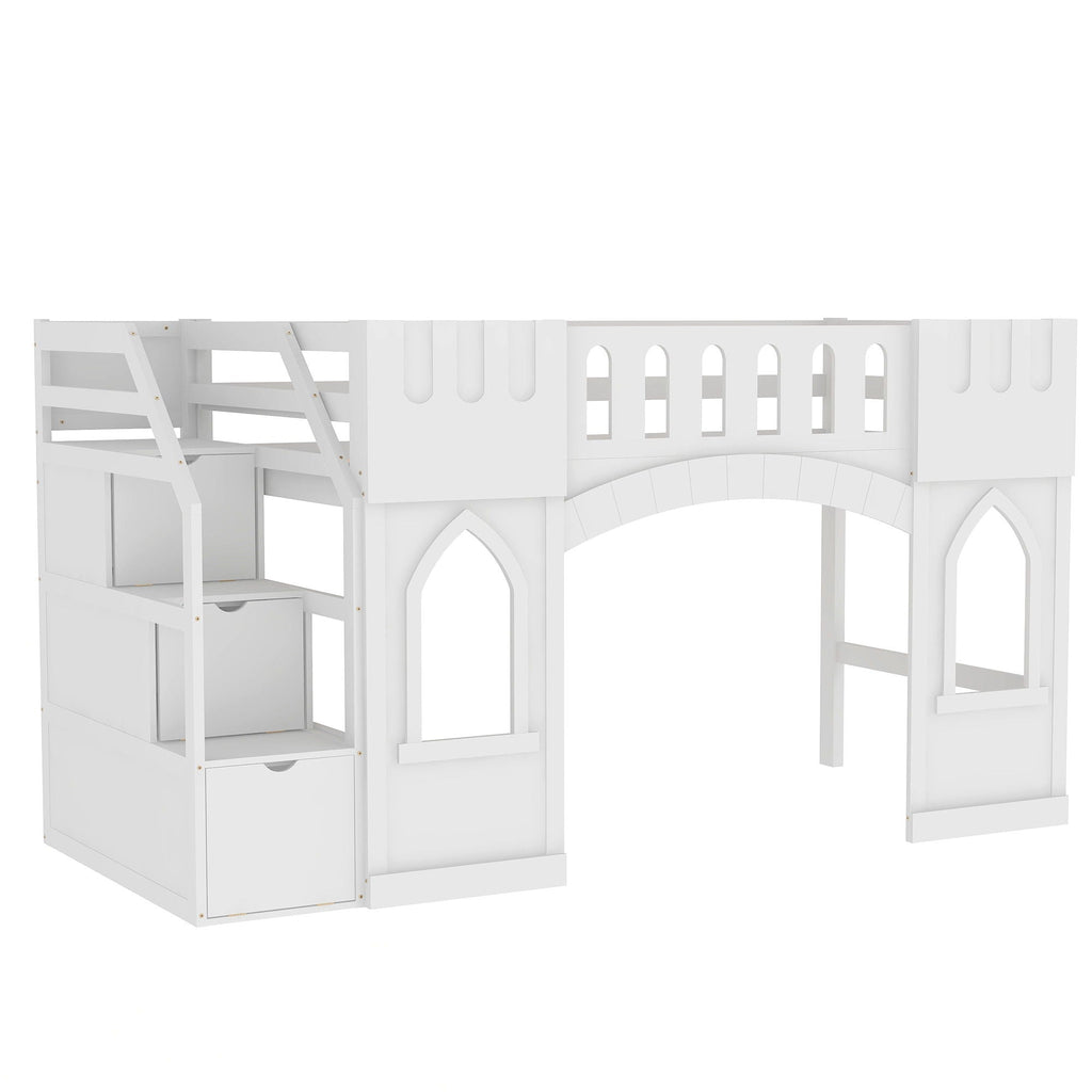 Loft Bed With Storage Staircase and Windows - Twin Size