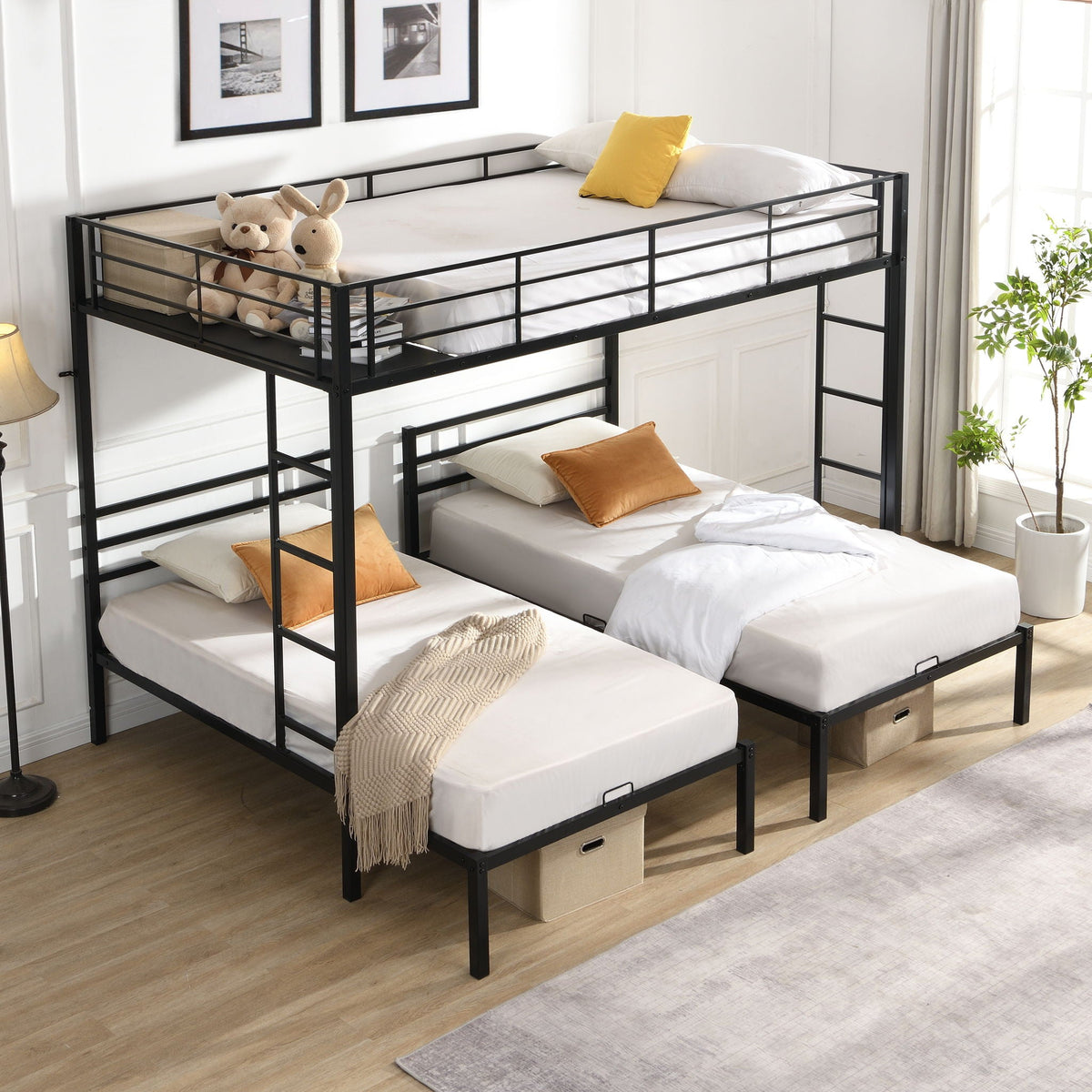 Modern Metal Triple Bunk Bed With Vertical Ladder, Safety Rail, And Storage Shelf - Black