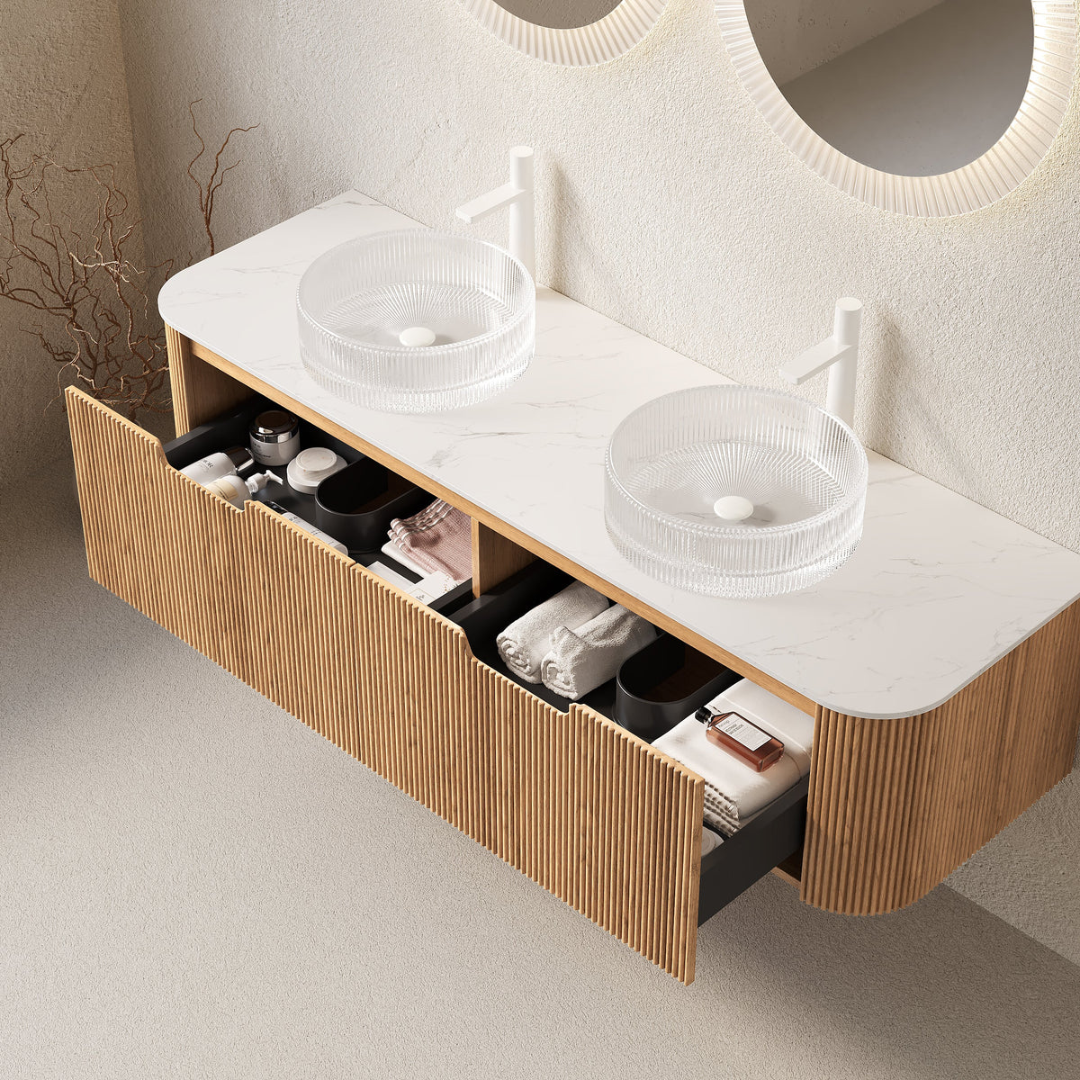 Floating Curved Edge Bathroom Vanity with Glass Basins - 60 Inch