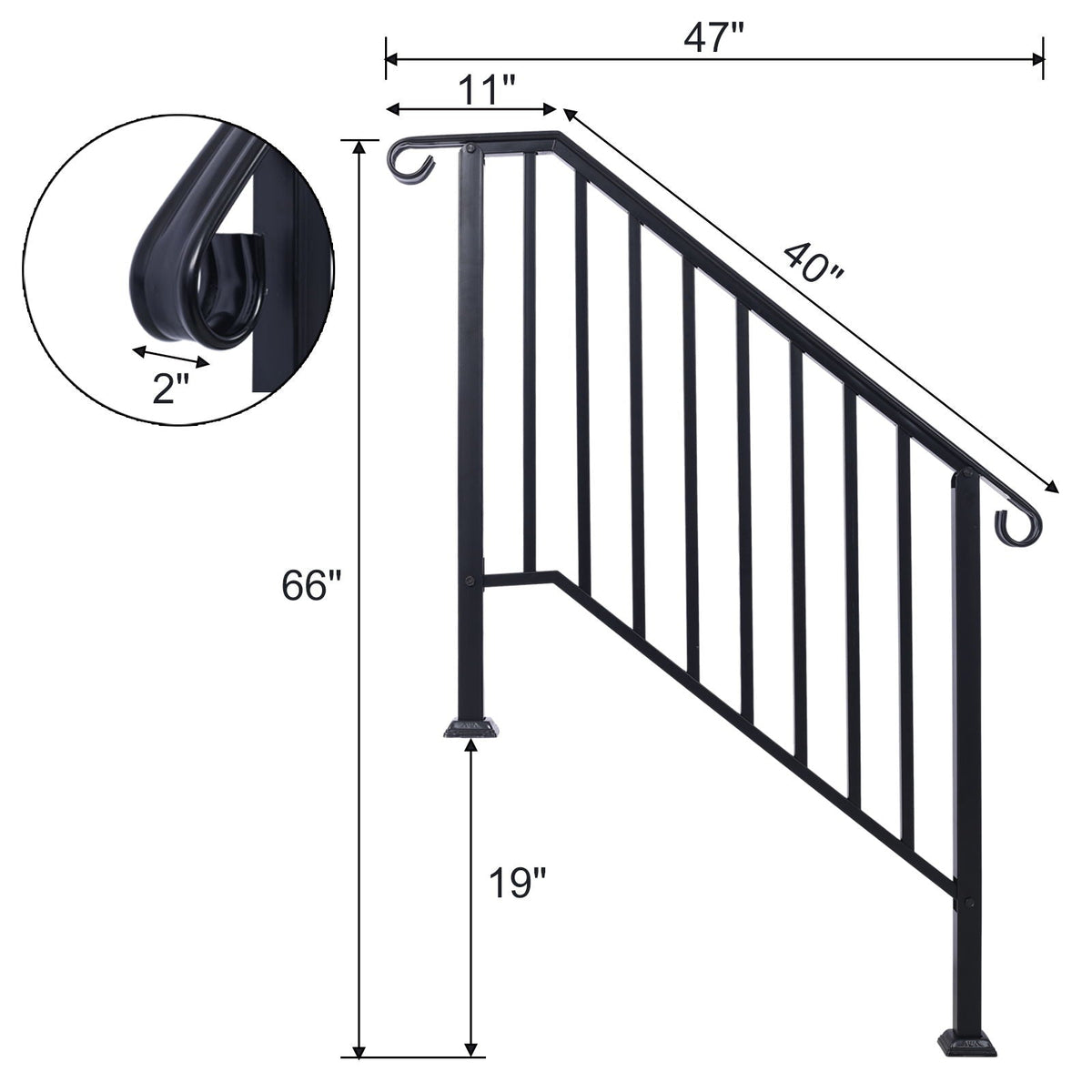 Wrought Iron Outdoor Handrail for 2 or 3 Steps with Rustproof Finish - Black