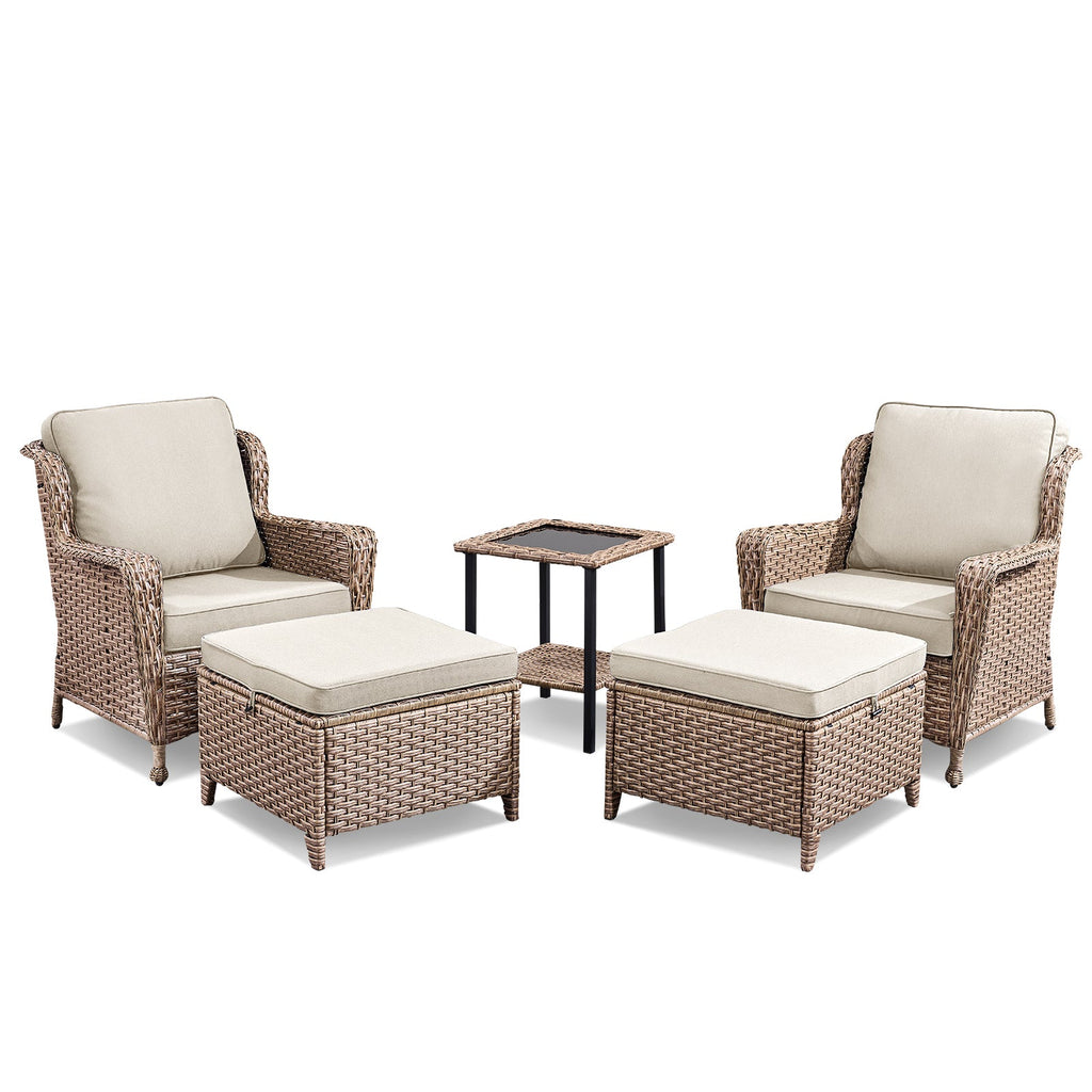 5-Piece Outdoor Lounge Chairs Set with Cushions and Side Table - Beige or Blue