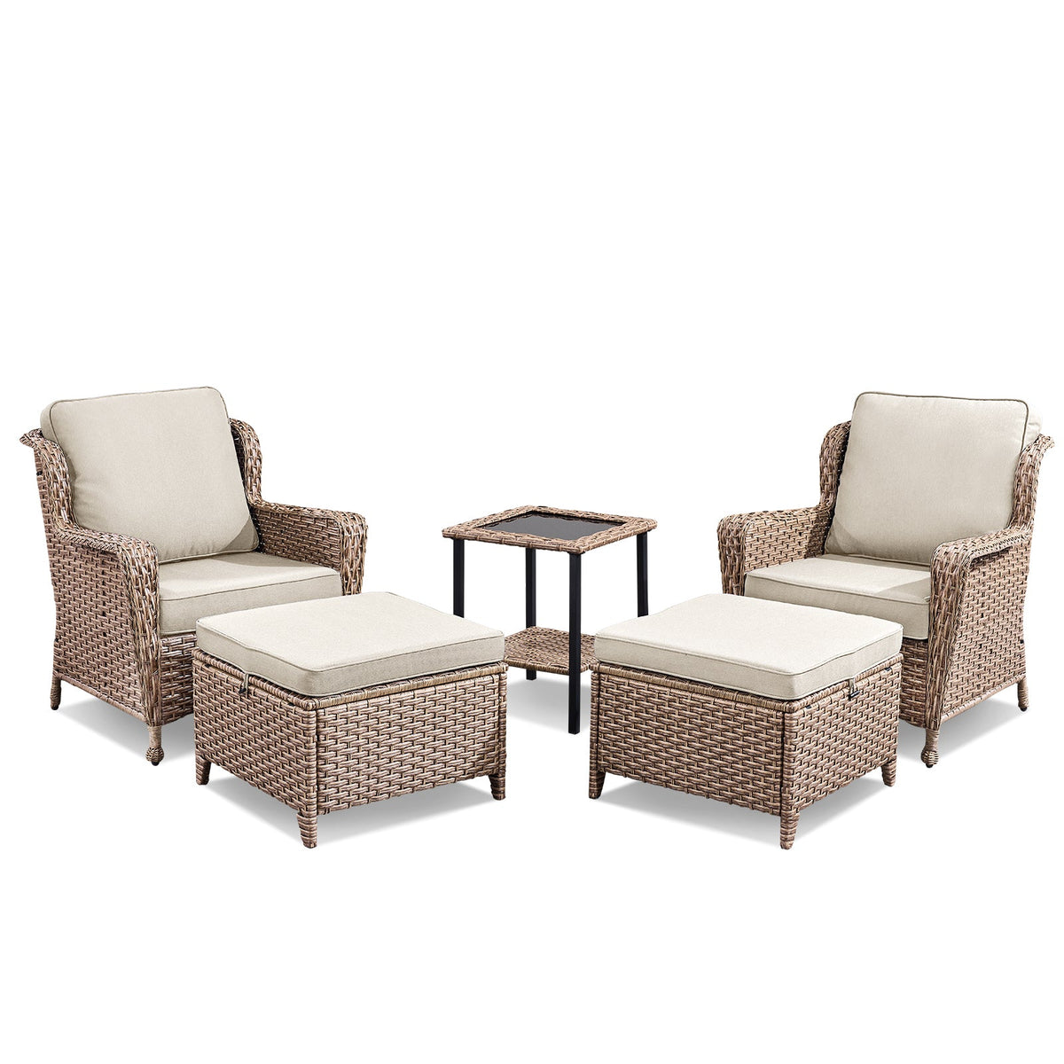 5-Piece Outdoor Lounge Chairs Set with Cushions and Side Table - Beige or Blue