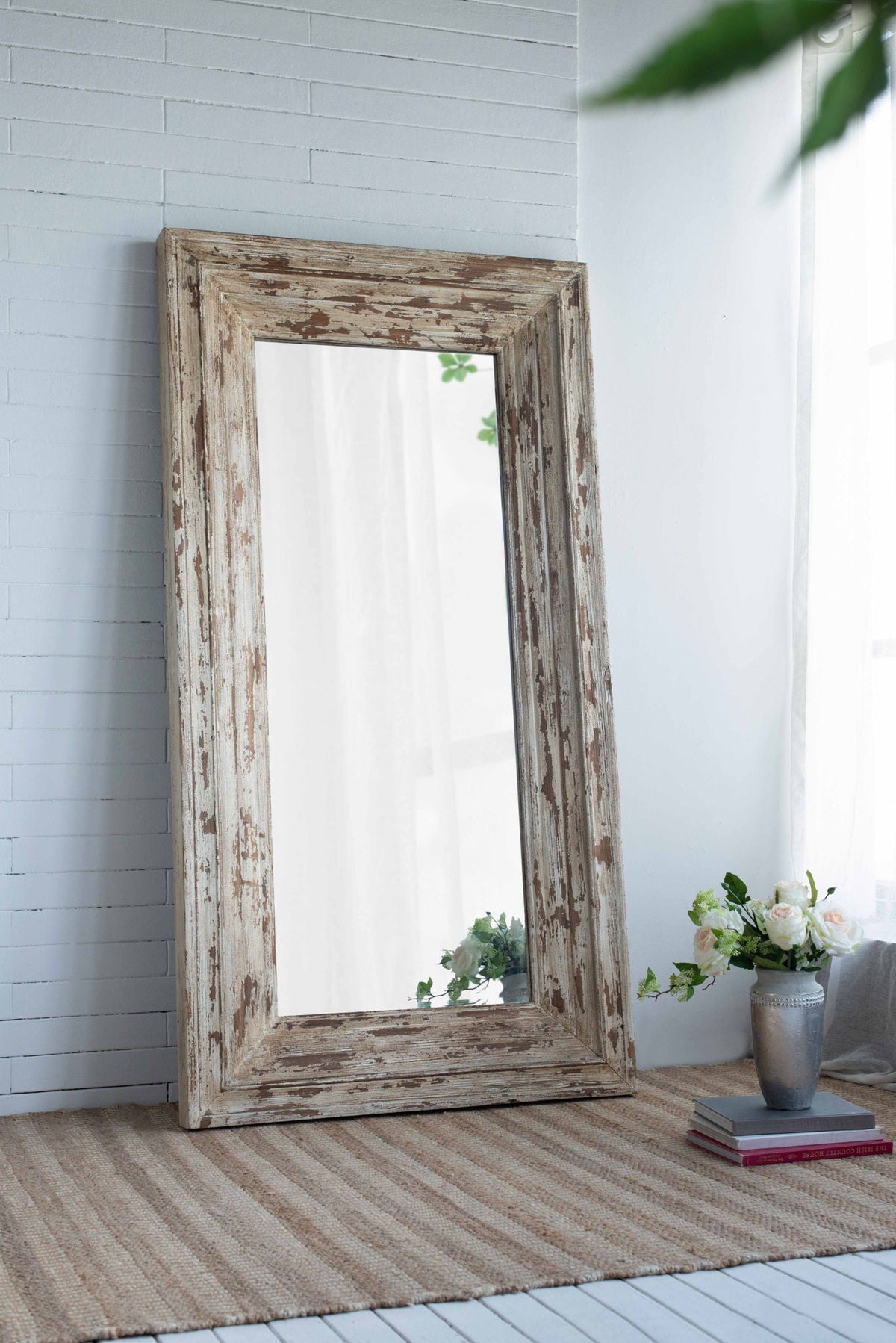 Full Length Rectangle Floor Mirror with Distressed Wood Frame - Brown