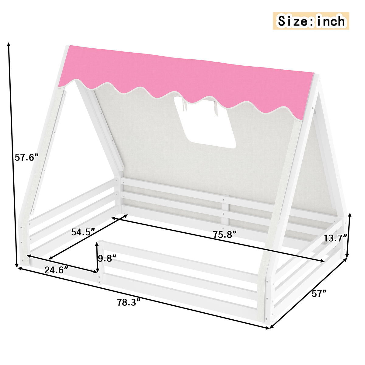 Full Size House Floor Bed with Tent and Light - Pine, MDF, and Plywood