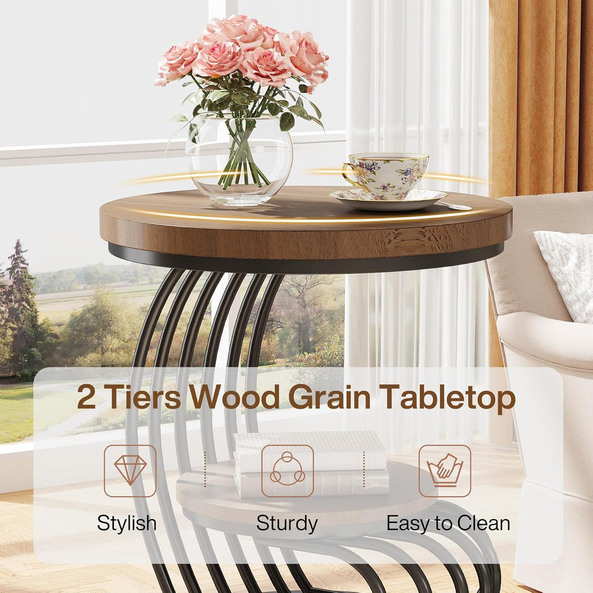 Round Vintage End Table with 2 Tier Storage - Dark Brown, Light Brown, White