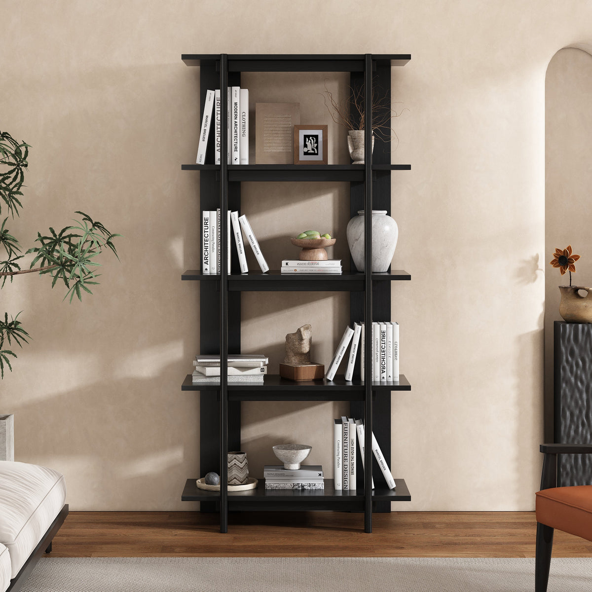 4-Tier Wooden Open Bookcase with Ebonized Finish - Acacia