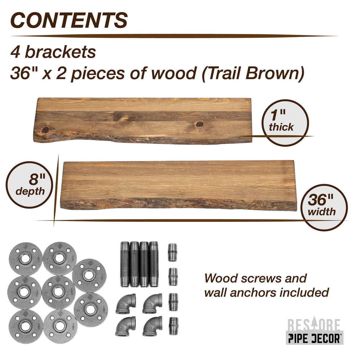 36” Trail Brown Live Edge Wood Shelf with L-Shaped Pipe Brackets (2-Pack)