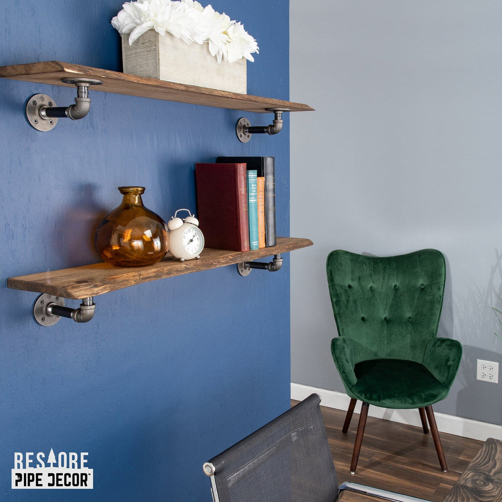 36” Trail Brown Live Edge Wood Shelf with L-Shaped Pipe Brackets (2-Pack)
