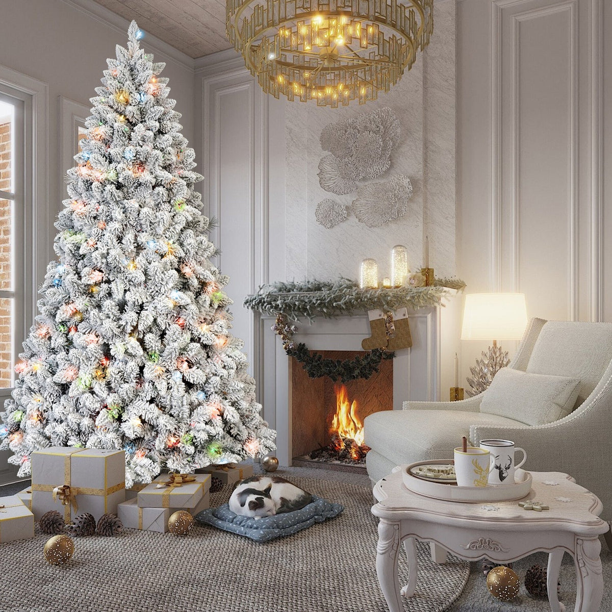 4Ft Flocked Christmas Tree with 150 Colorful UL Lights - White