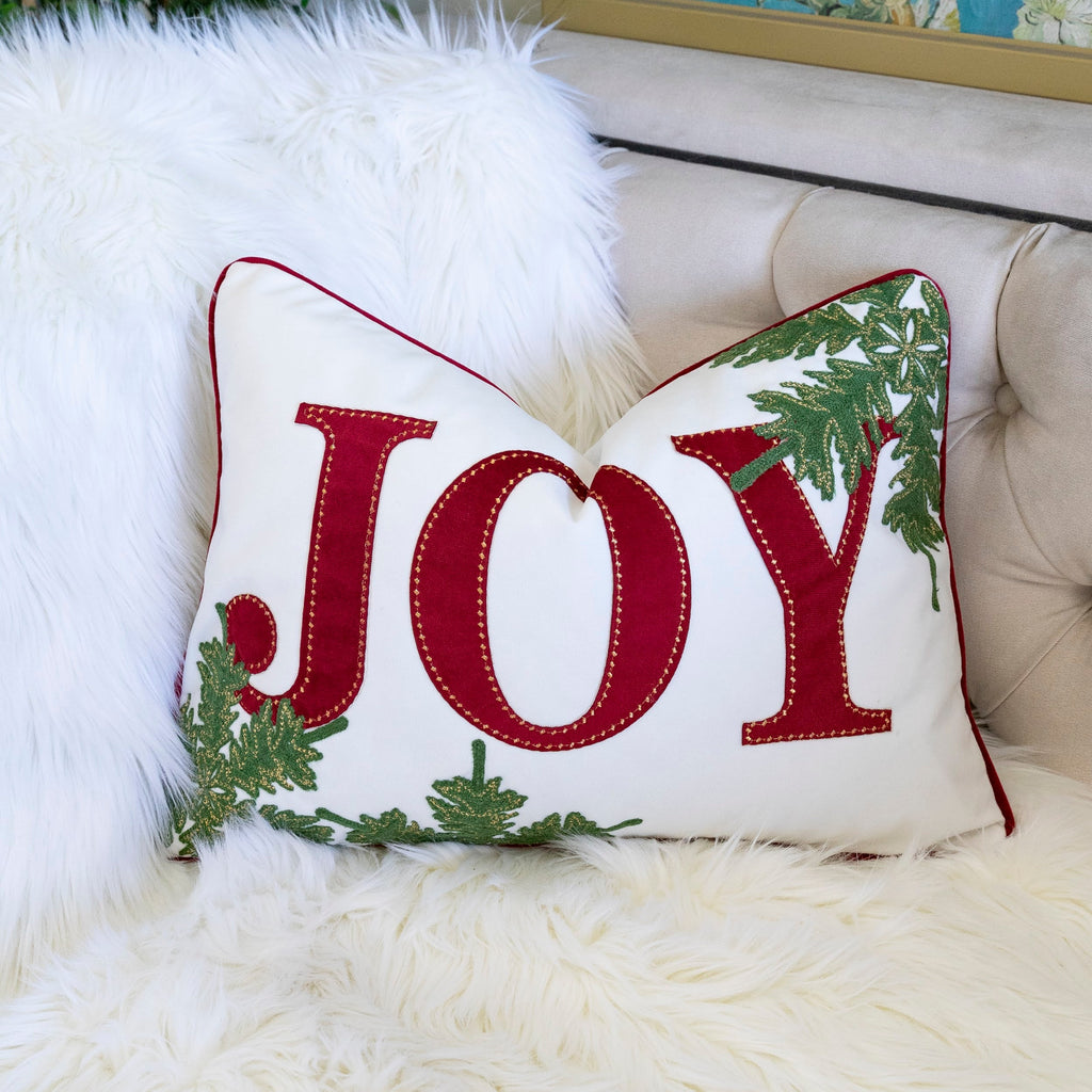 Joy Embroidered Christmas Throw Pillow with Velvet Finish - White and Red