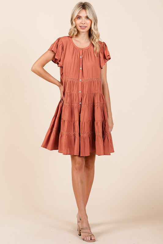 Lace Detail Ruffled Button Down Tiered Dress For Women – Romantic, Fluttering, Trendy, Elegant, Boho, Feminine & Whimsical Style