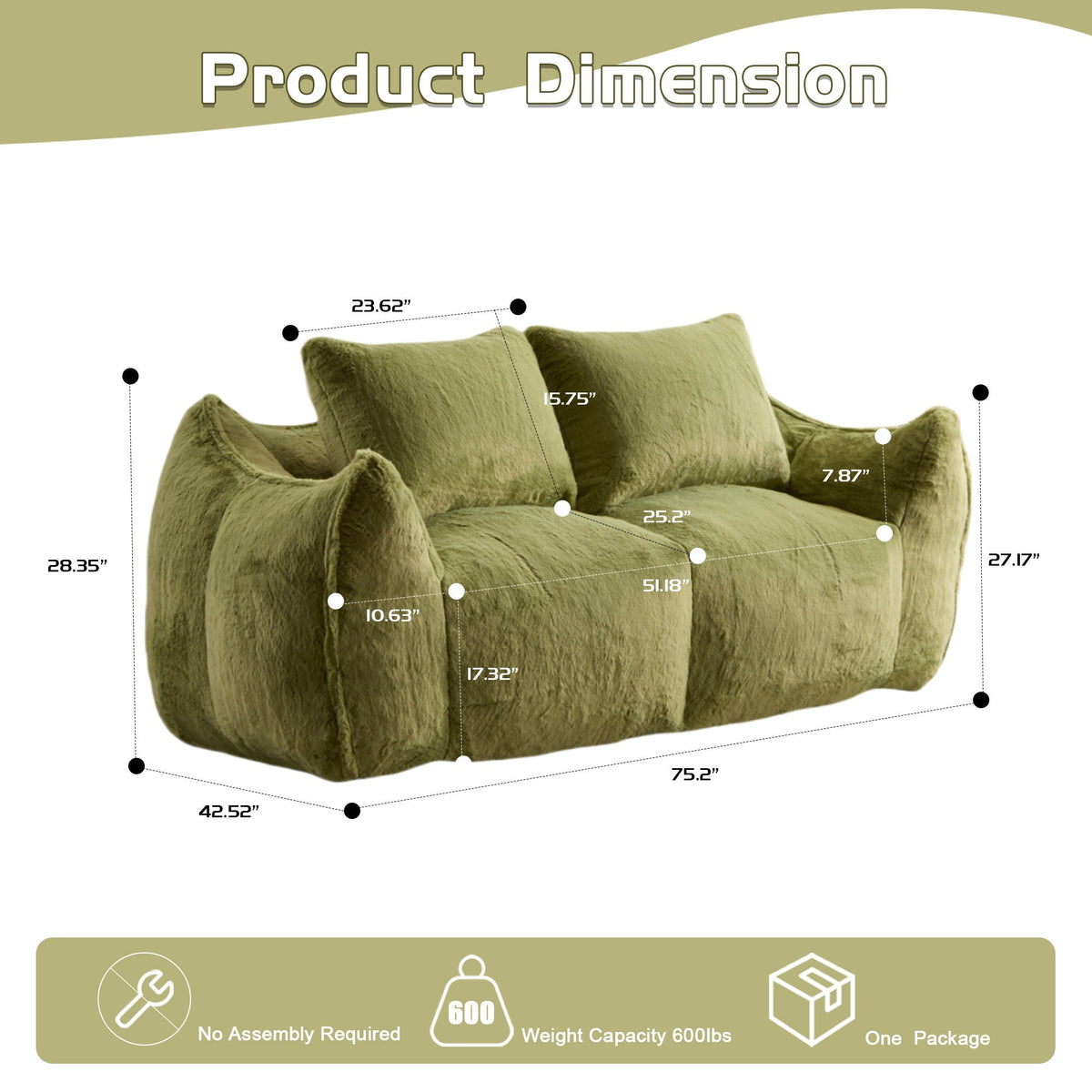 Ultra Soft Faux Fur Bean Bag Loveseat with Shredded Sponge Filling - Multiple Colors