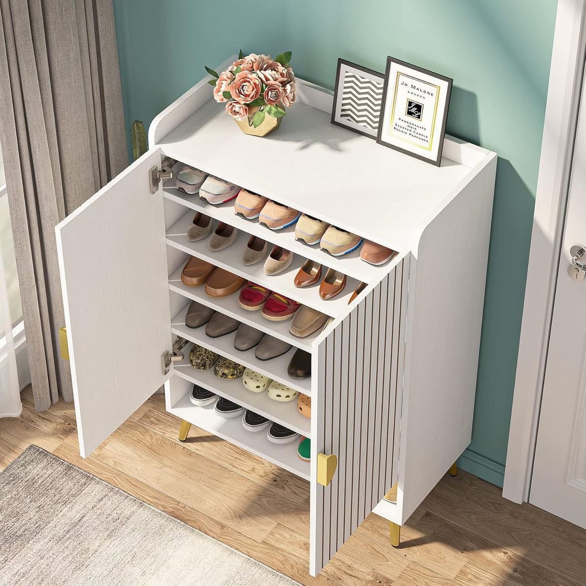 Shoe Cabinet With Doors, 7 Tier Storage Organizer with Adjustable Shelves - Dark Brown, Light Brown, or White