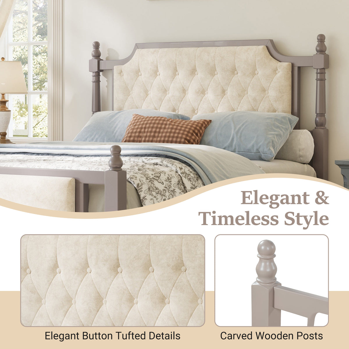 Queen Size Upholstered Platform Bed with Button Tufted Velvet Headboard - Taupe or Brown