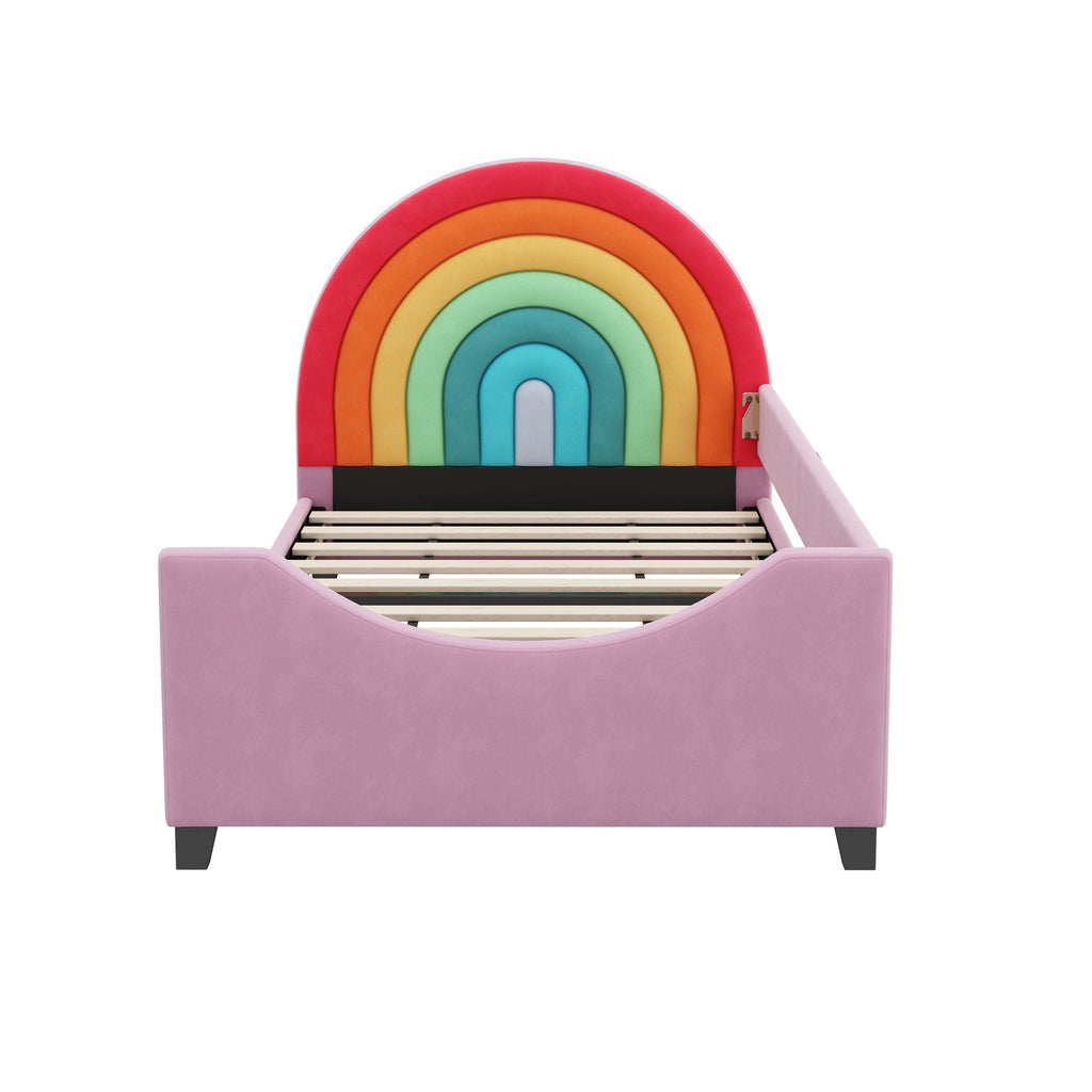Rainbow Upholstered Twin Daybed with Safety Fence - Colorful / Pink