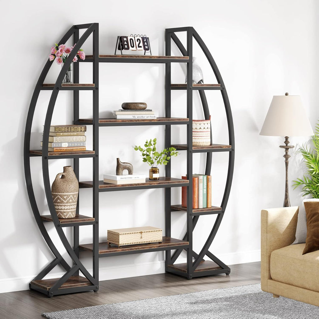 Triple Wide Oval Etagere Bookcase with Anti-Tip Device – Dark Brown