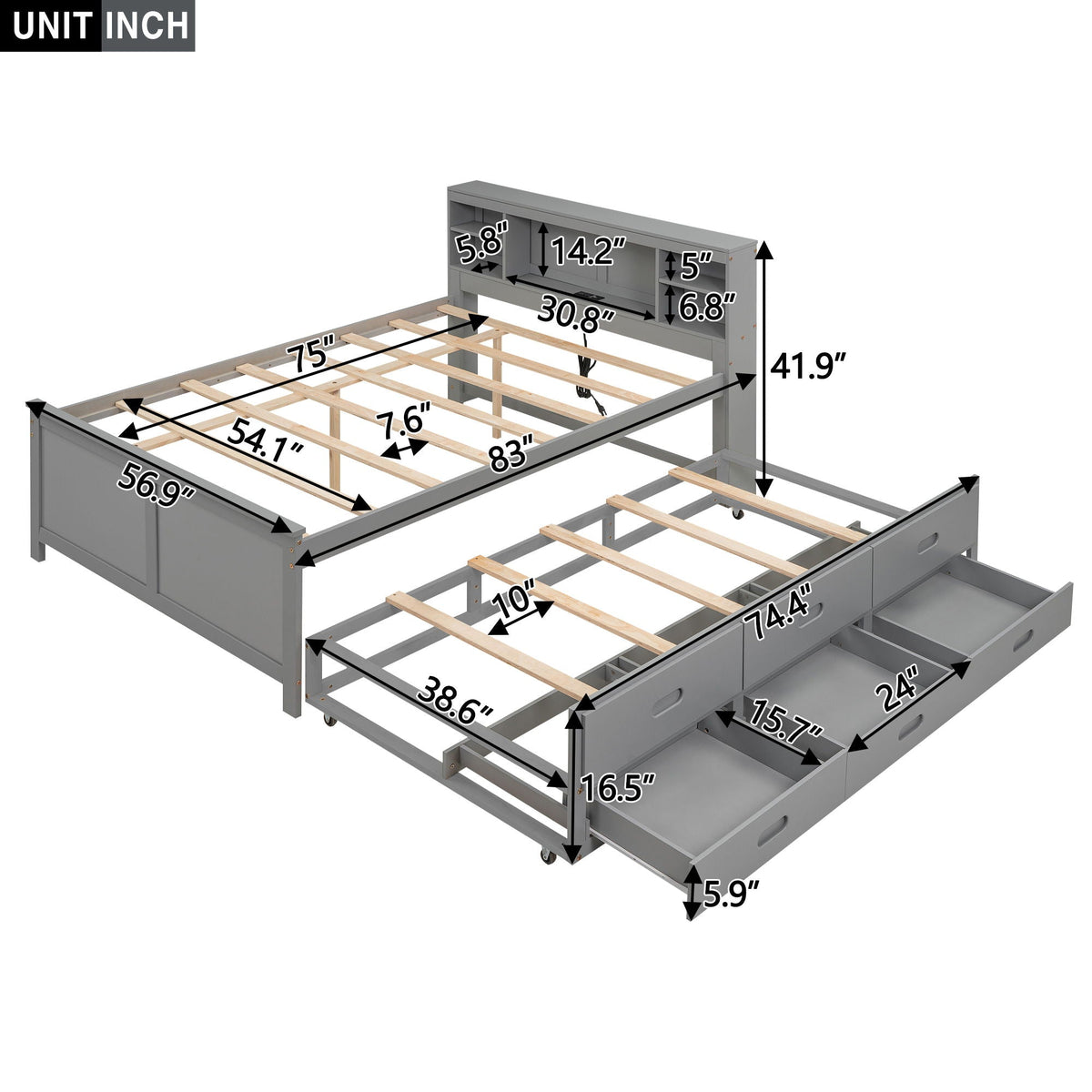 Platform Bed with Storage Headboard, USB, Trundle & 3 Drawers - Twin or Full