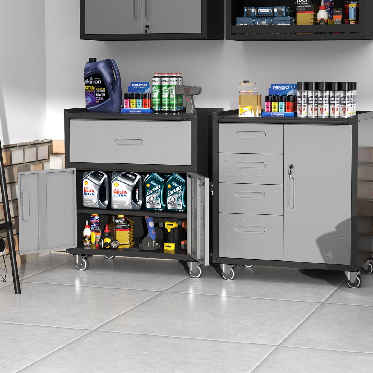 Sturdy Metal Tool Storage Cabinet with Lockable Wheels and Drawers - Gray or Black