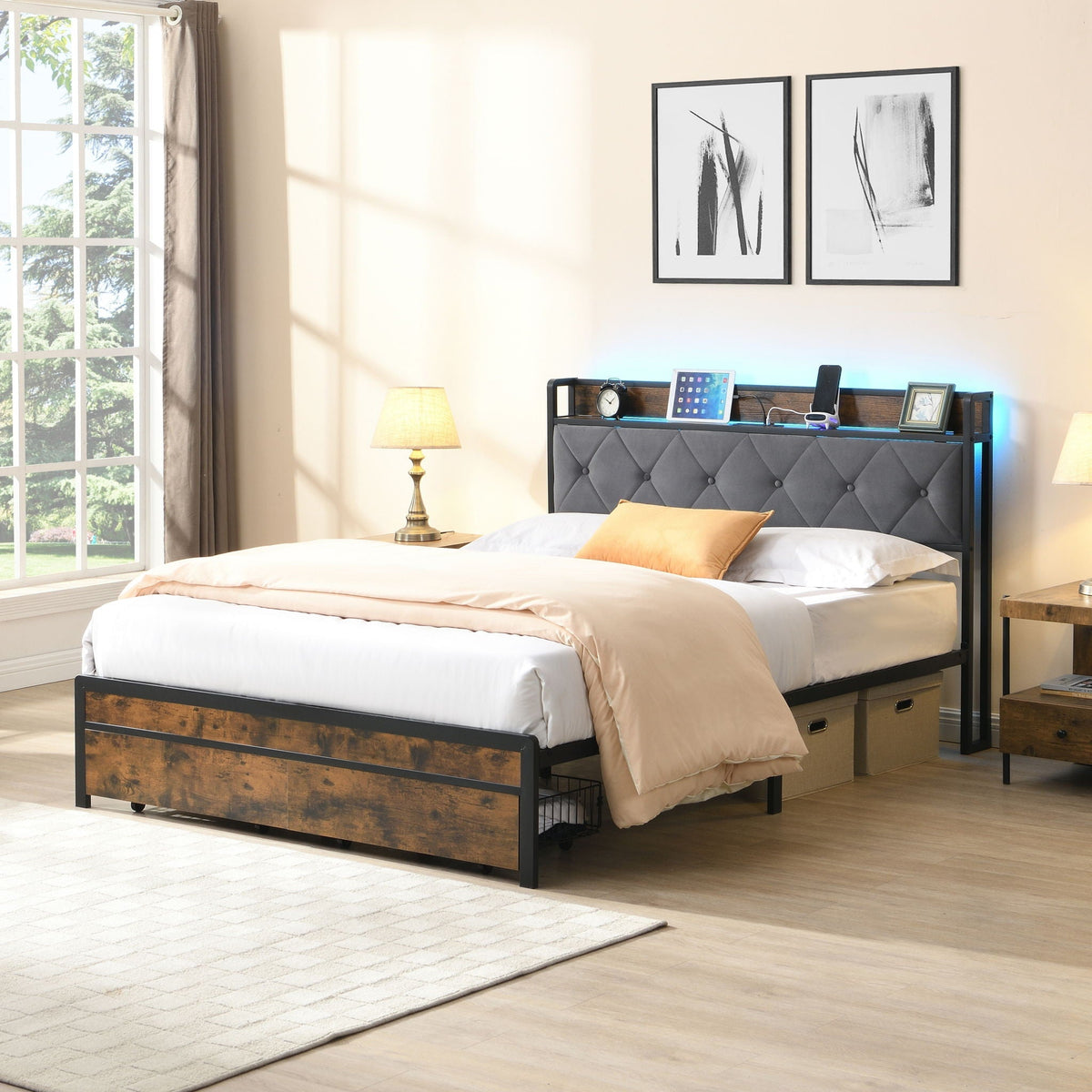 Modern Platform Bed Frame with LED Lights and USB Charging - Dark Brown or Light Brown