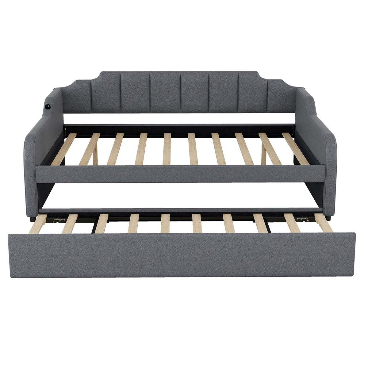 Full Size Upholstered Daybed With Trundle And USB Charging - Gray