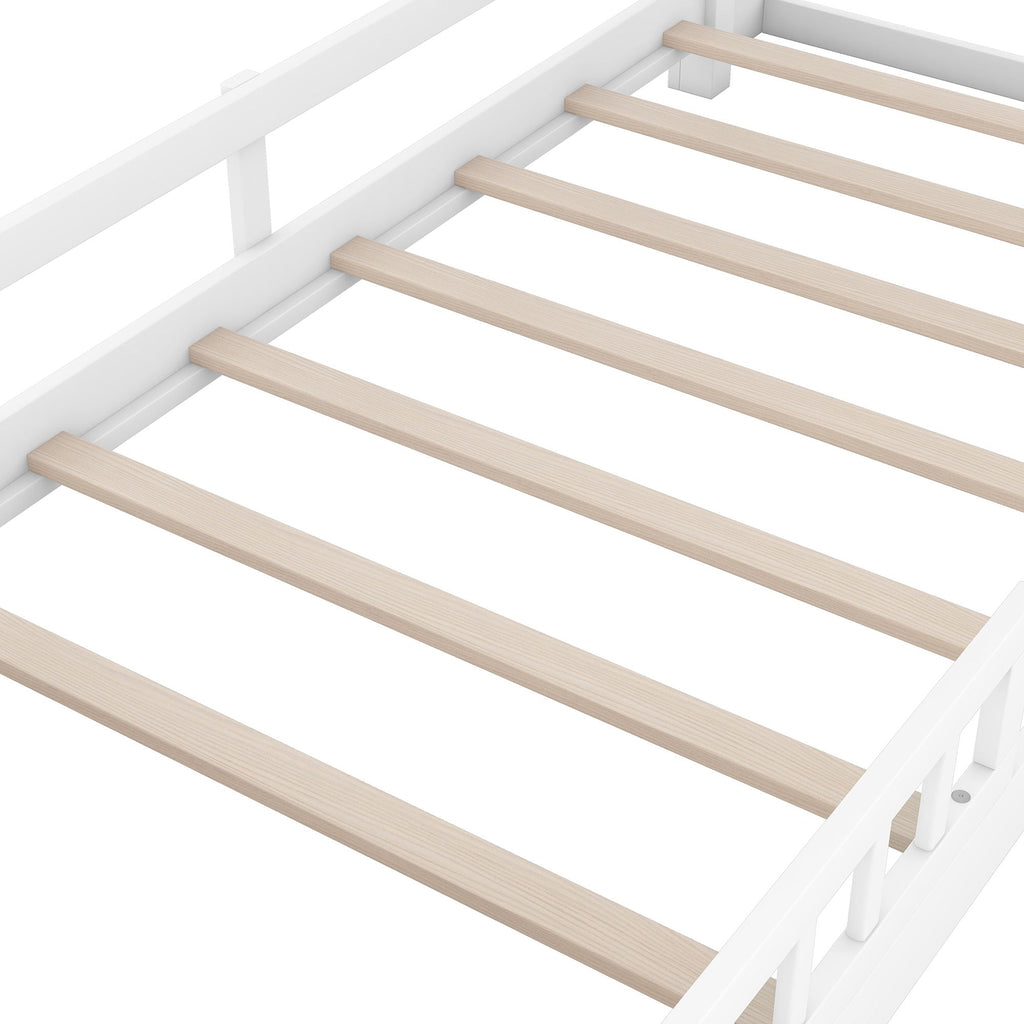 Wood Platform Bed With Built In LED Light, Storage Headboard And Guardrail