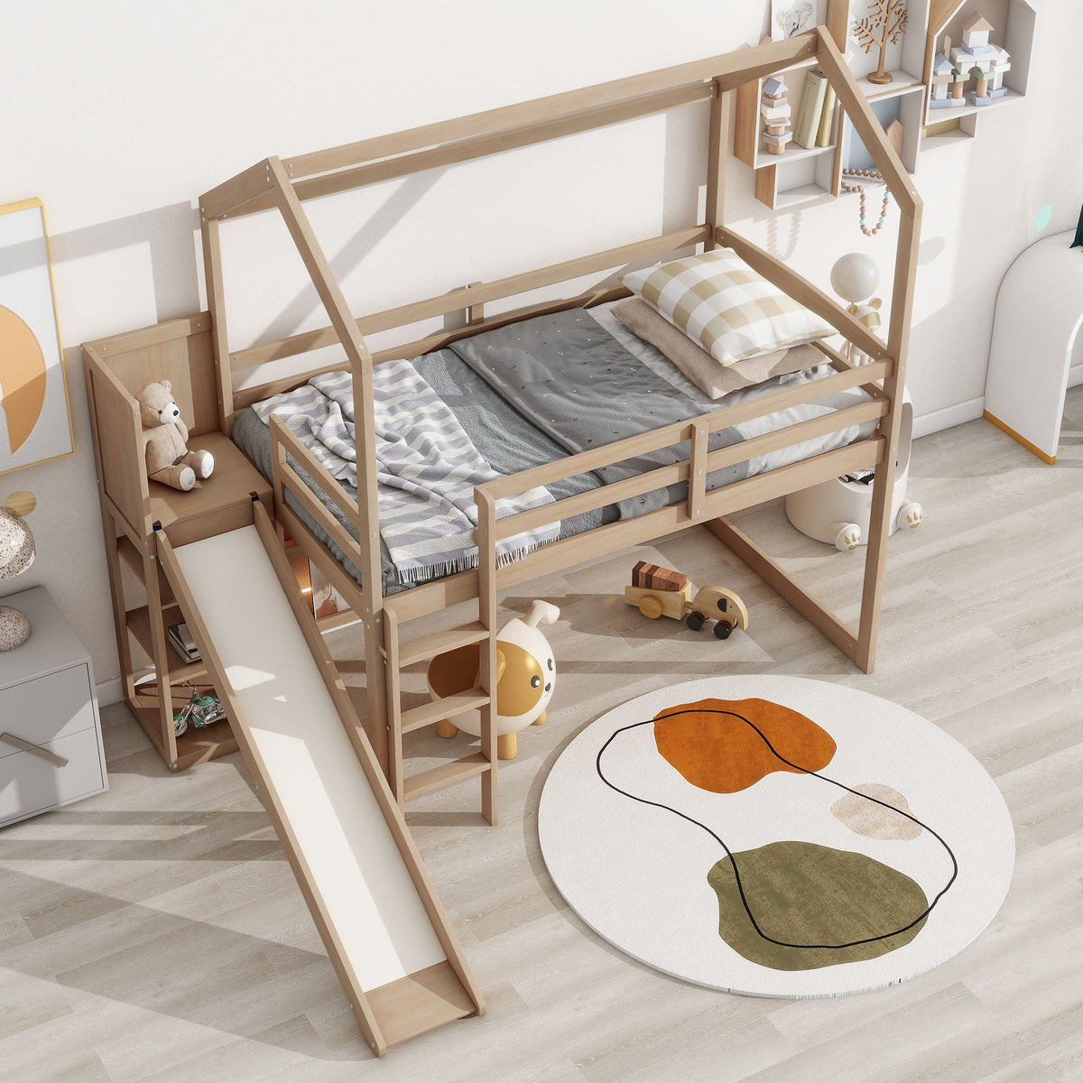 House Loft Bed with Slide and Storage Shelves - Twin with Light