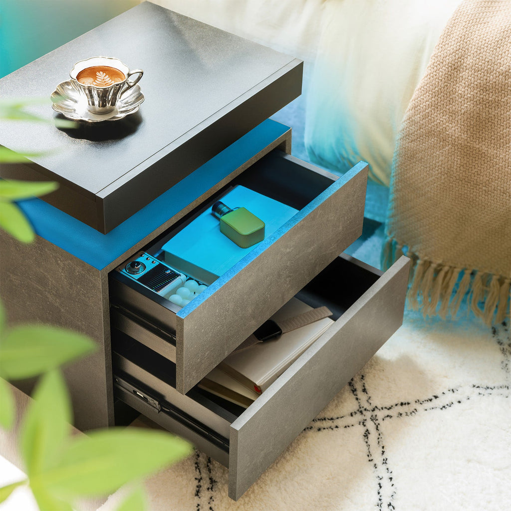 Modern LED Nightstand with Adjustable Lighting and 2 Drawers - Neutral Finish
