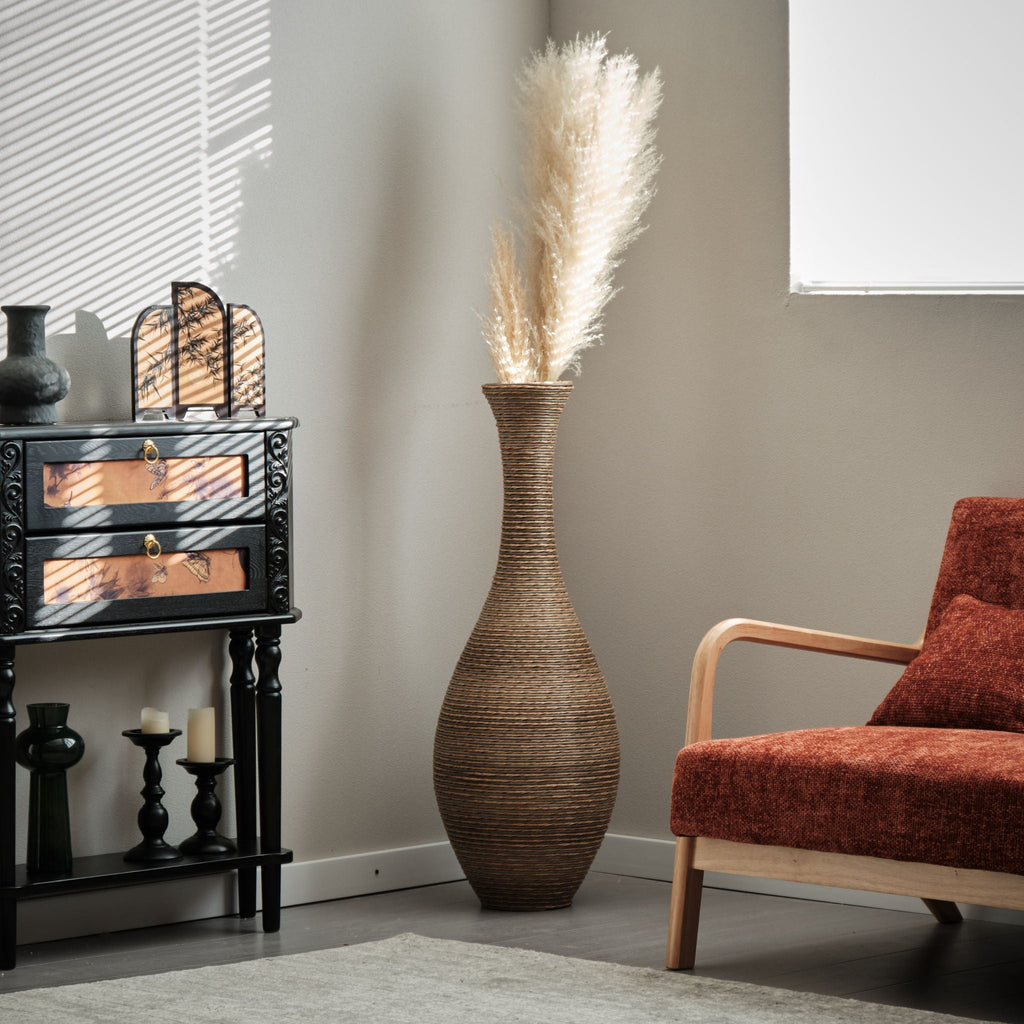 Tall Artificial Rattan Floor Vase with Artistic Design - Beige / Gray
