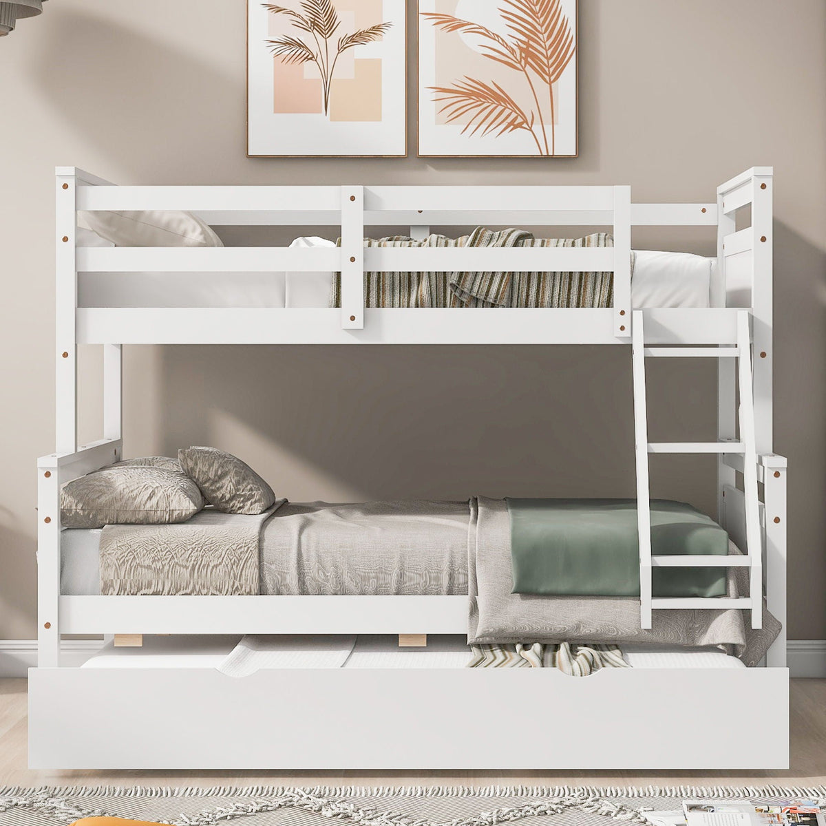 Twin Over Full Bunk Bed with Ladder and Storage Options - White or Dark Gray