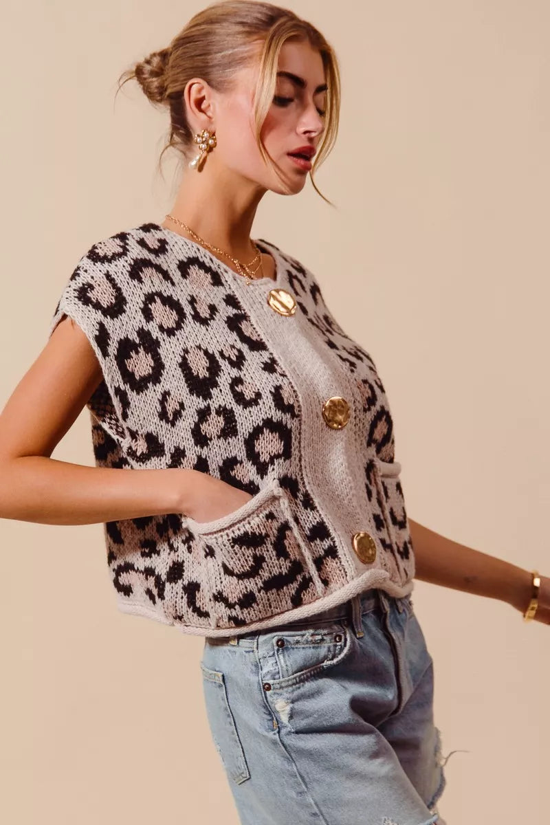 SO ME Big Metal Button Front Leopard Sweater Vest Top