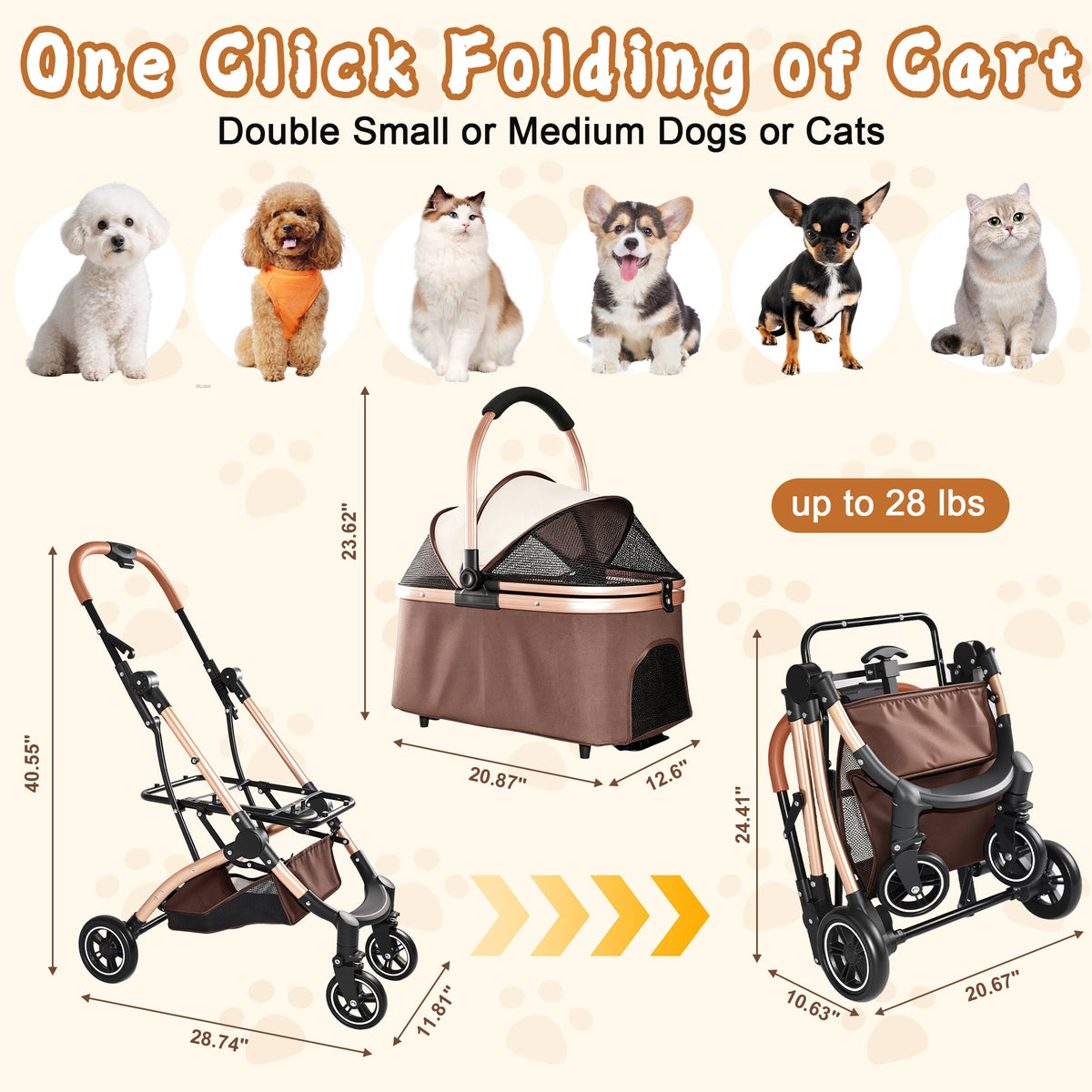 2-in-1 Foldable Pet Stroller with Sun Canopy - Khaki & Gold