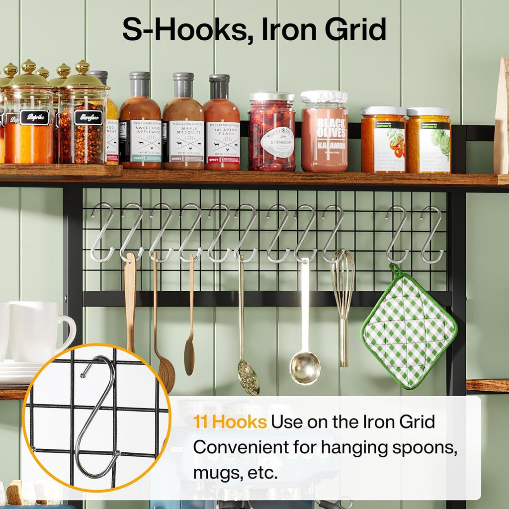 Black Baker's Rack with 5-Tier Storage and Hooks - Freestanding Kitchen Organizer