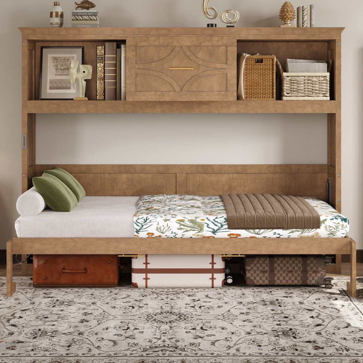 Murphy Bed With Charging Station and Drawer - Twin Storage Bed - White or Light Brown