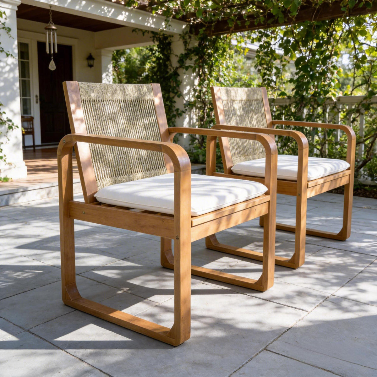 Acacia Wood Outdoor Dining Chairs Set with Rope Back and Cushions - Light Teak