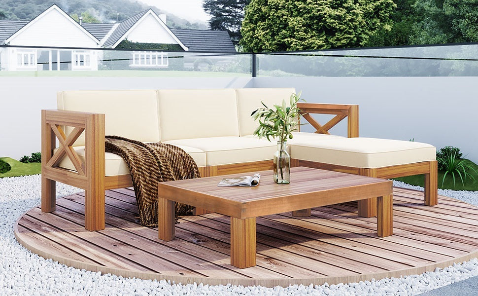 Acacia Wood Outdoor Sectional Sofa Set with Water-Resistant Cushions - Beige