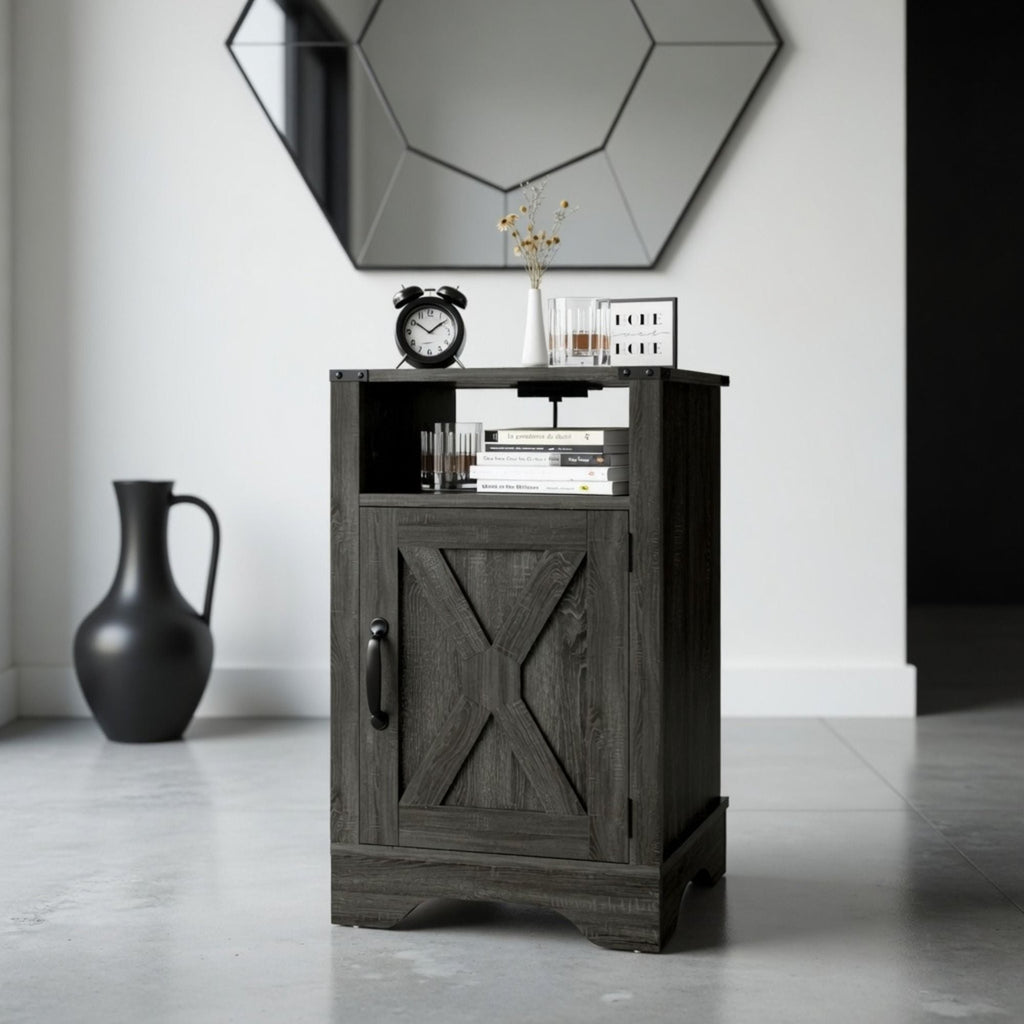 Farmhouse Nightstand with Charging Station & Storage - Multiple Colors