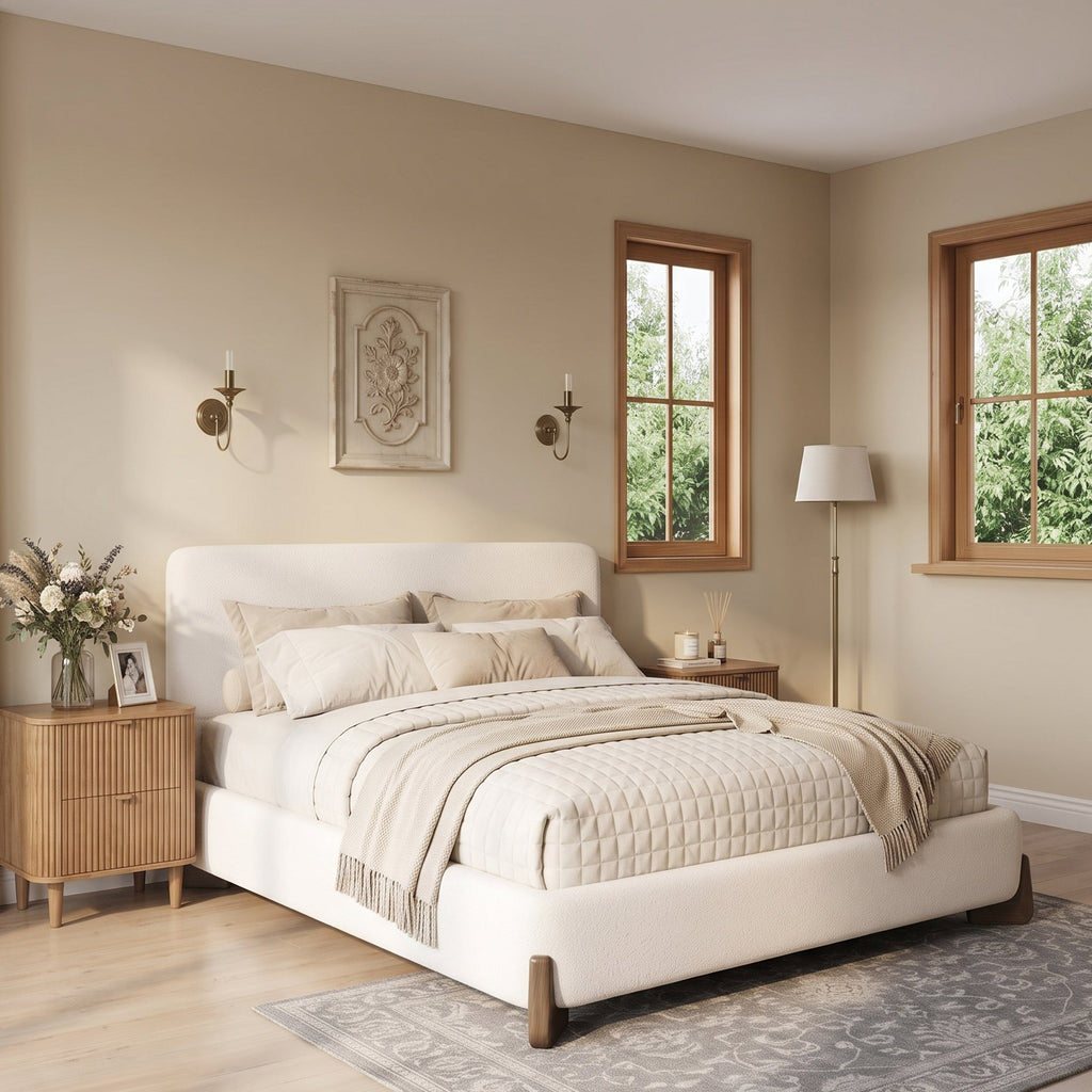 Elegant Terry Upholstered Bed with Solid Wood Legs - White