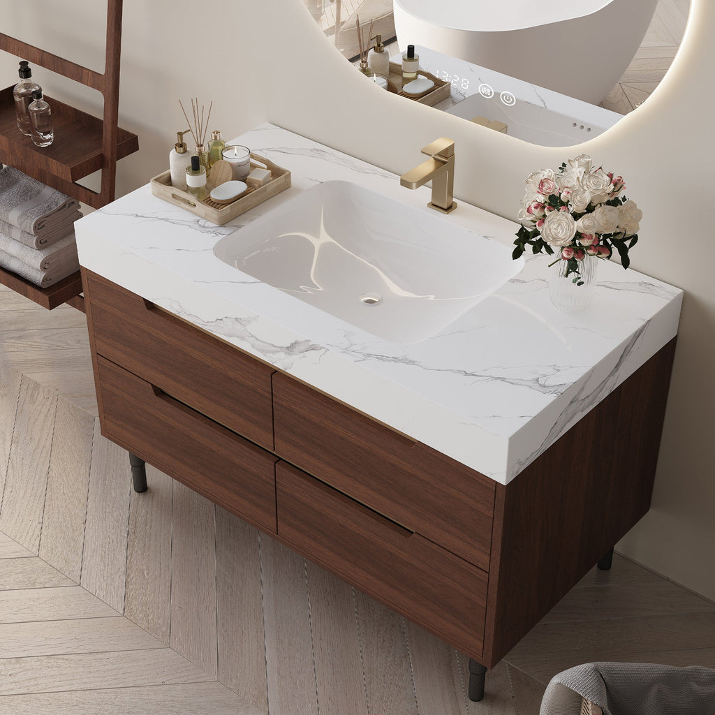 Farmhouse Sintered Stone Bathroom Vanity with Undermount Sink - Walnut, White