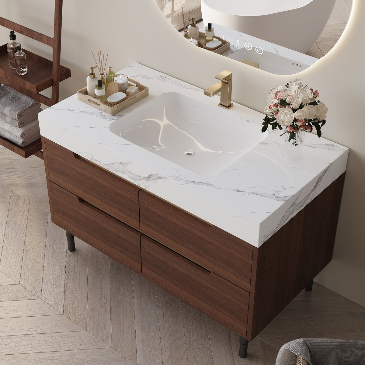 Farmhouse Sintered Stone Bathroom Vanity with Undermount Sink - Walnut, White