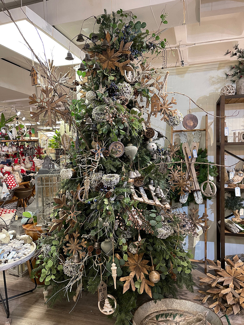 Large Fir Wood Snowflake Ornaments - Set of 2 with Festive Design