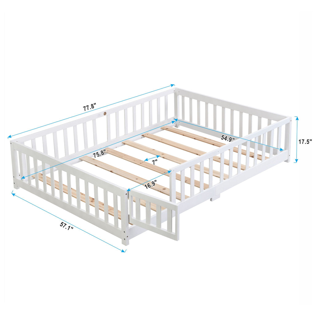 Solid Wood Floor Bed With Door And Fence For Children