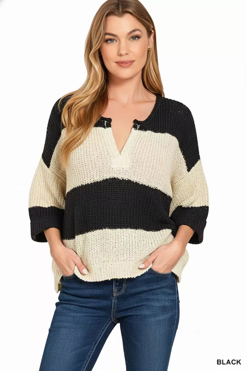 Zenana Split Neck Stripe Sweater
