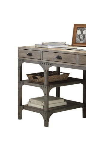 Weathered Antique Metal Writing Desk with Drawers and Shelves - Oak